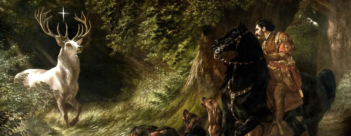 A classical painting depicting a knight on a dark horse in a forest, accompanied by dogs, with a white stag standing on the left under a glowing star.