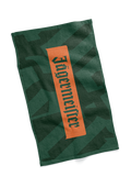 Jägermeister green bar towel featuring a tonal geometric pattern and orange Jägermeister logo.
