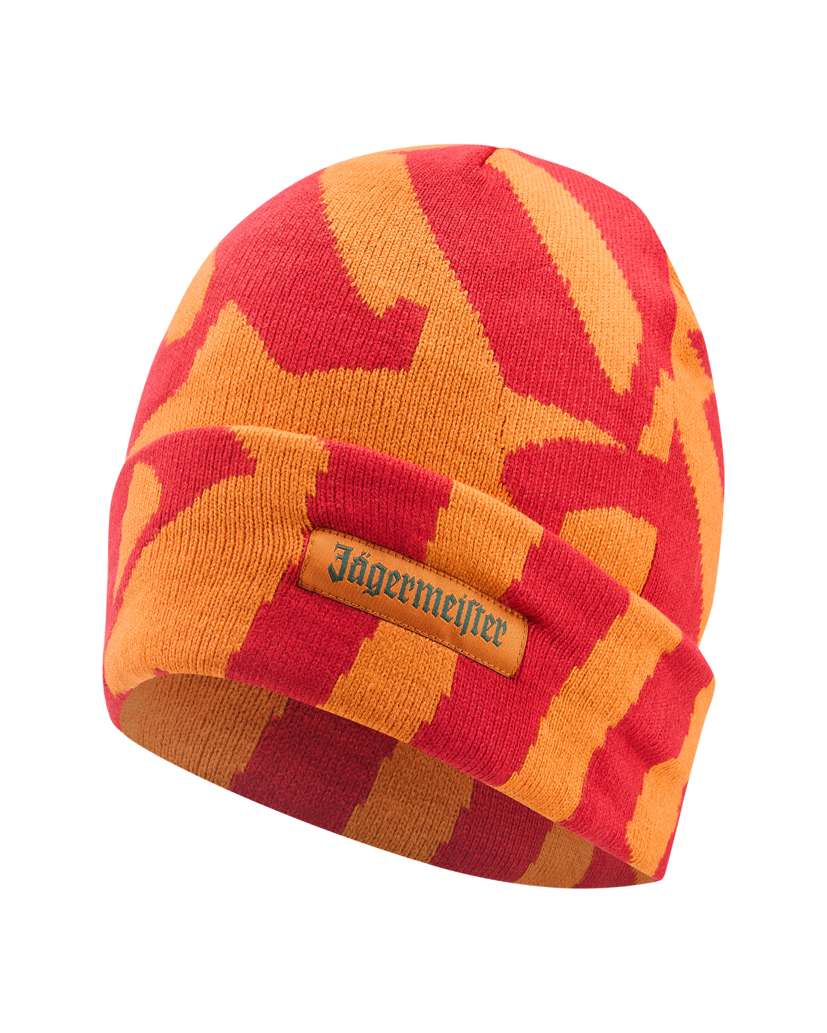 Red and orange patterned beanie with Jägermeister logo