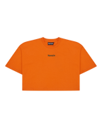Orange Jägermeister cropped tee with a green brand logo.