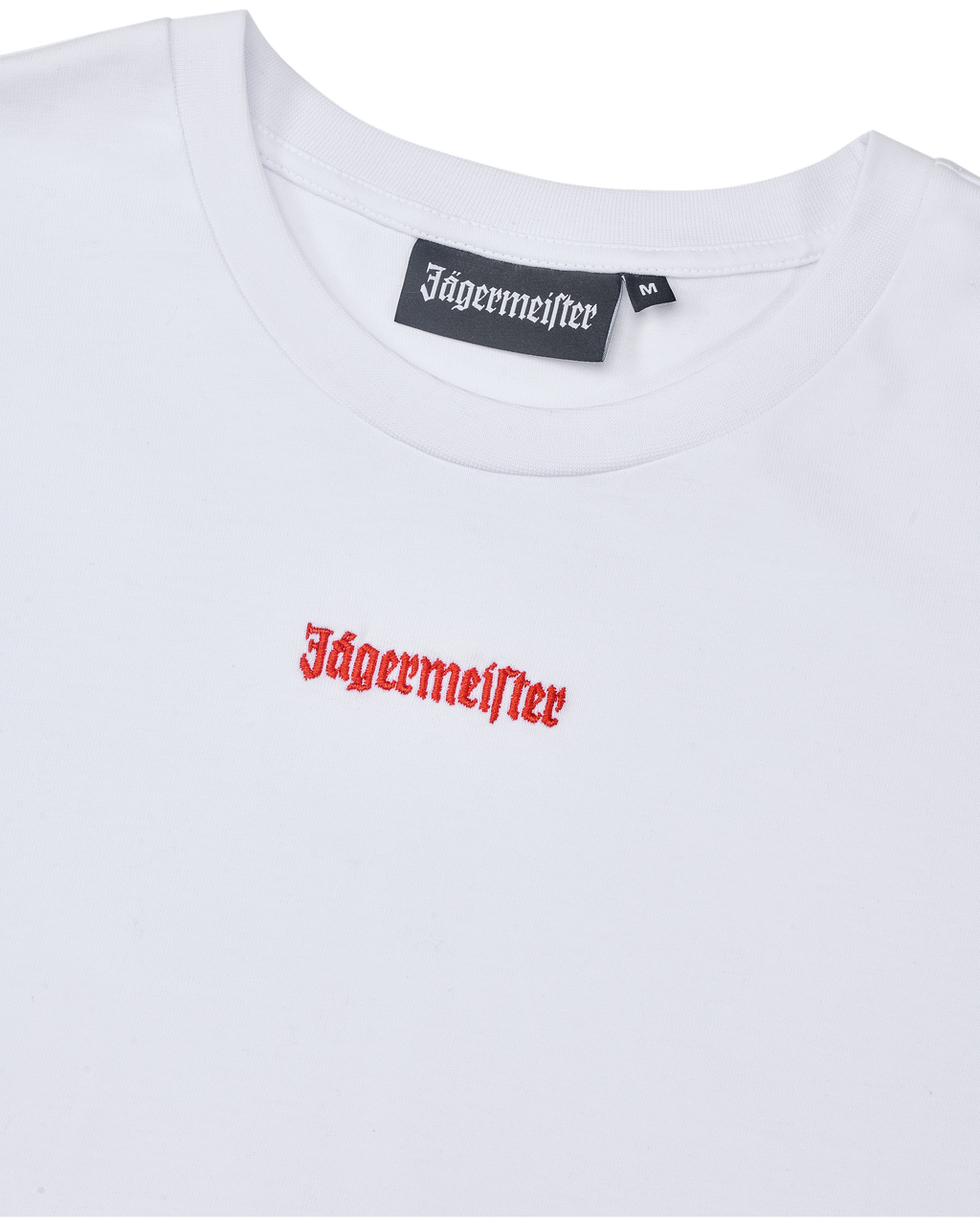 White cropped tee with orange Jägermeister logo.
