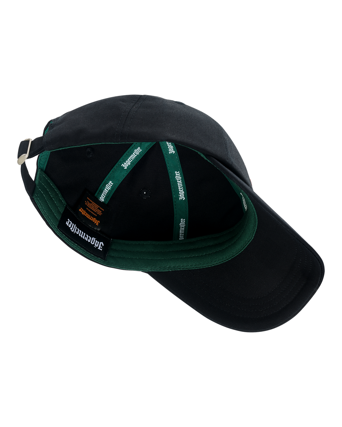 Black cap with green interior and visible Jägermeister brand logo.