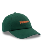 Green Jägermeister dad cap with an orange Jägermeister wordmark logo on the front.