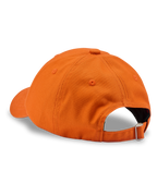 Orange Jägermeister dad cap from the side without any logo being visible.