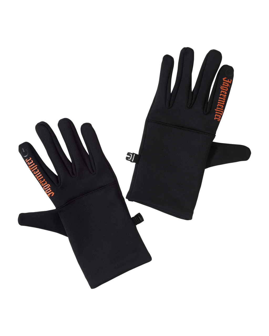 Black Jägermeister gloves with orange Jägermeister wordmark on the indicating finger.