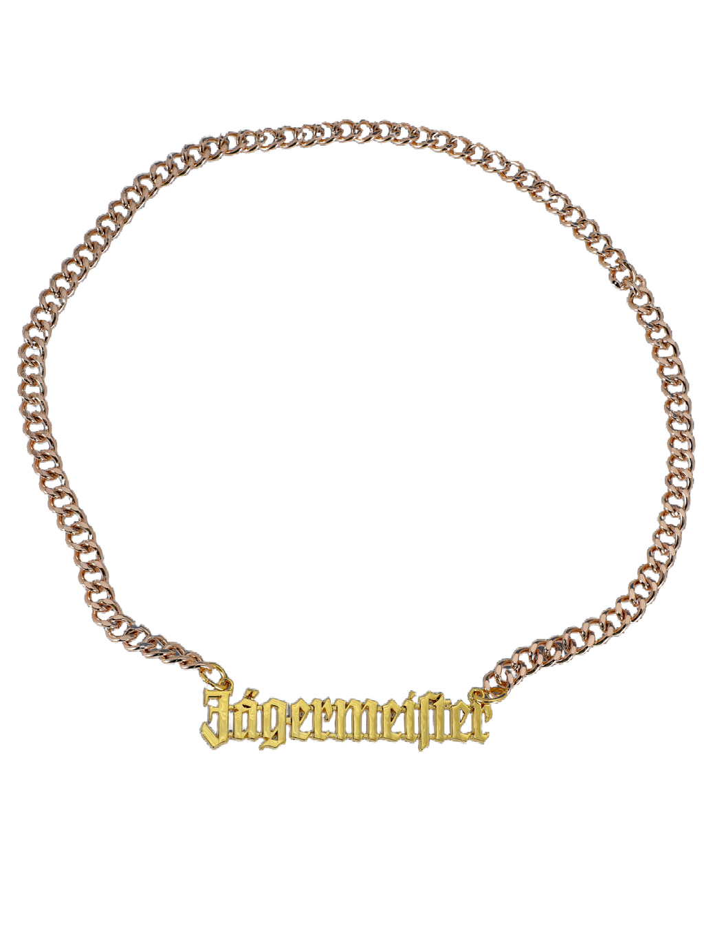 Gold chain necklace with 'Jägermeister' charm.