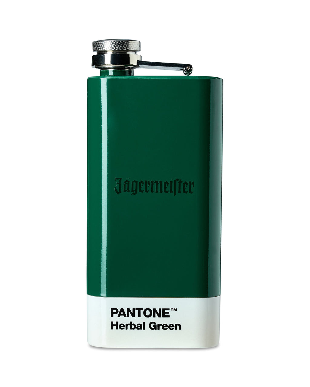 Flască verde cu textul „Jägermeifter” și „Pantone Herbal Green” pe fundal alb
