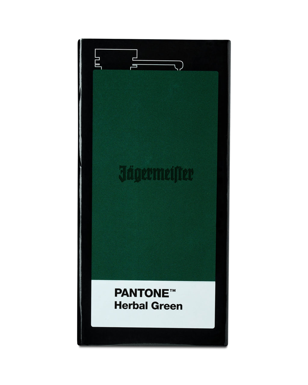 Ambalaj pentru flasca Jägermeister cu etichetă Pantone Herbal Green pe fundal alb