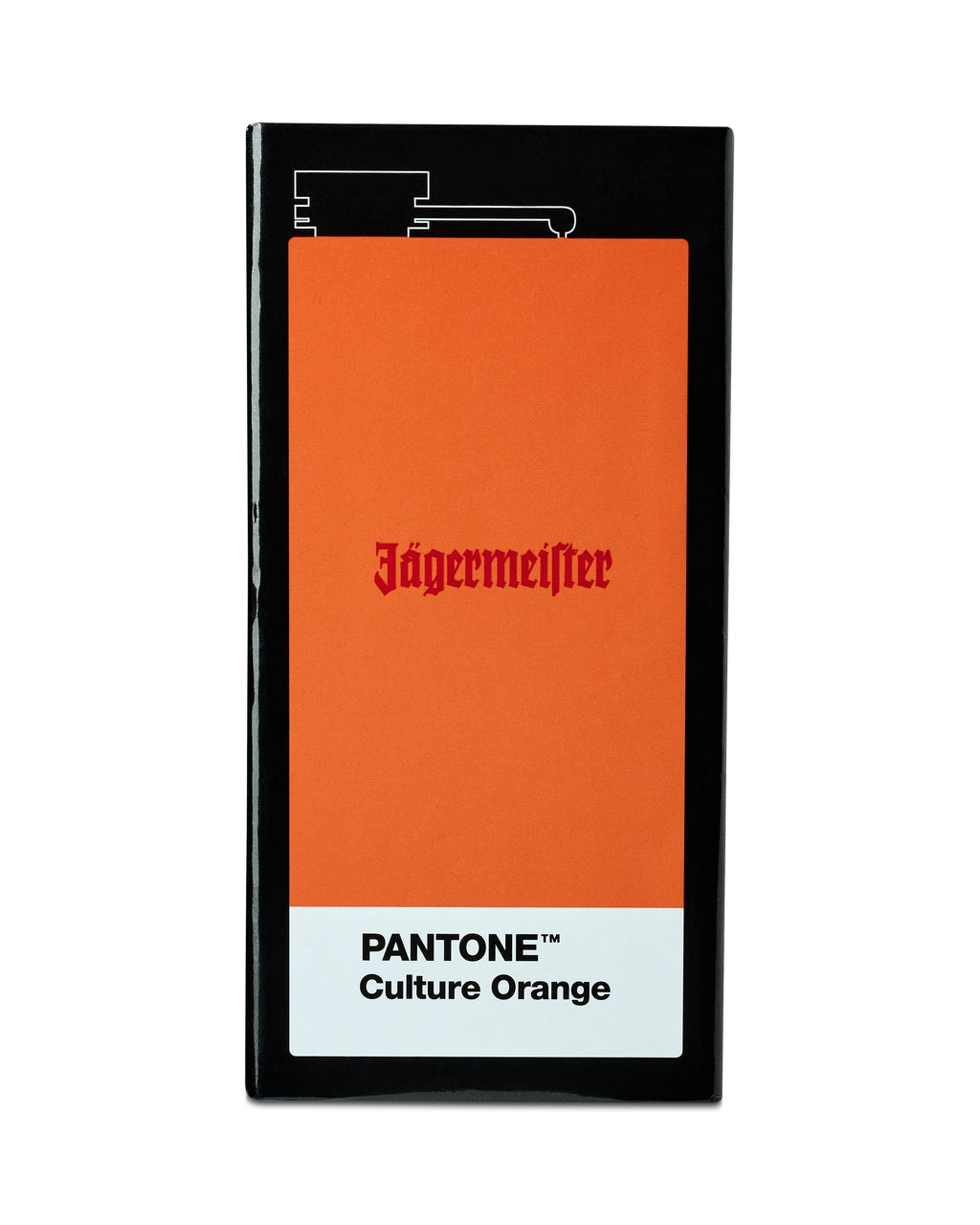 Cutie pentru flasca Jägermeister cu eticheta „PANTONE Culture Orange” pe fundal alb