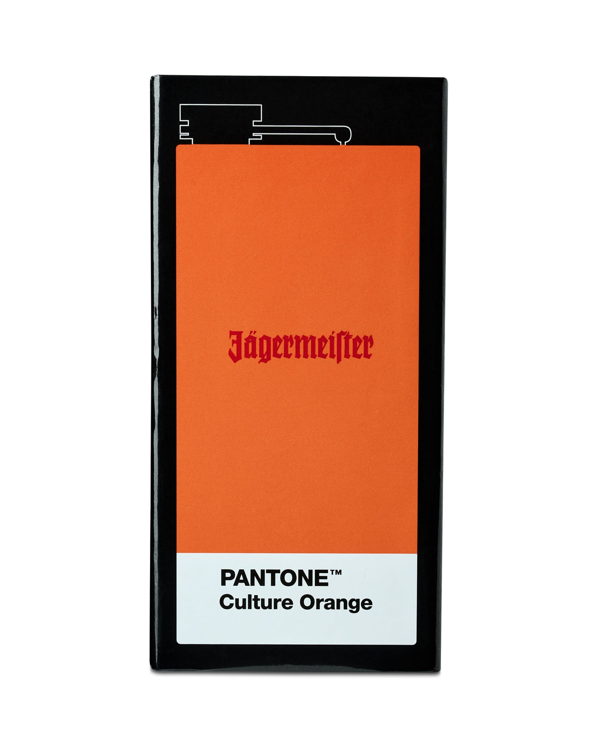 Cutie pentru flasca Jägermeister cu eticheta „PANTONE Culture Orange” pe fundal alb