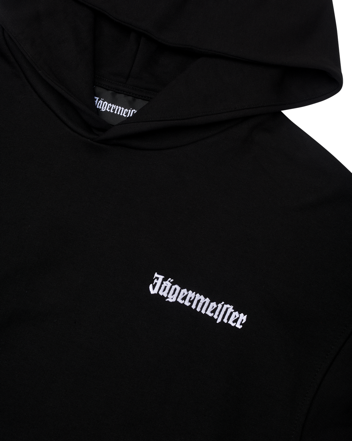 Black hoodie with white Jägermeister logo on the chest.