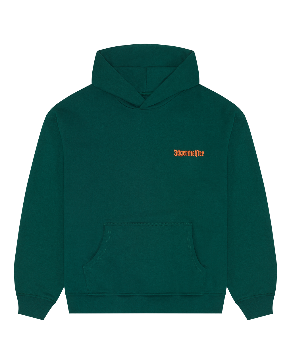 Green hoodie with an orange brand logo on the chest.