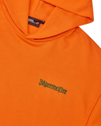 Orange hoodie with green Jägermeister wordmark on the chest.