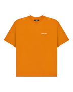 Orange Jägermeister t-shirt with a white Jägermeister wordmark on the chest.