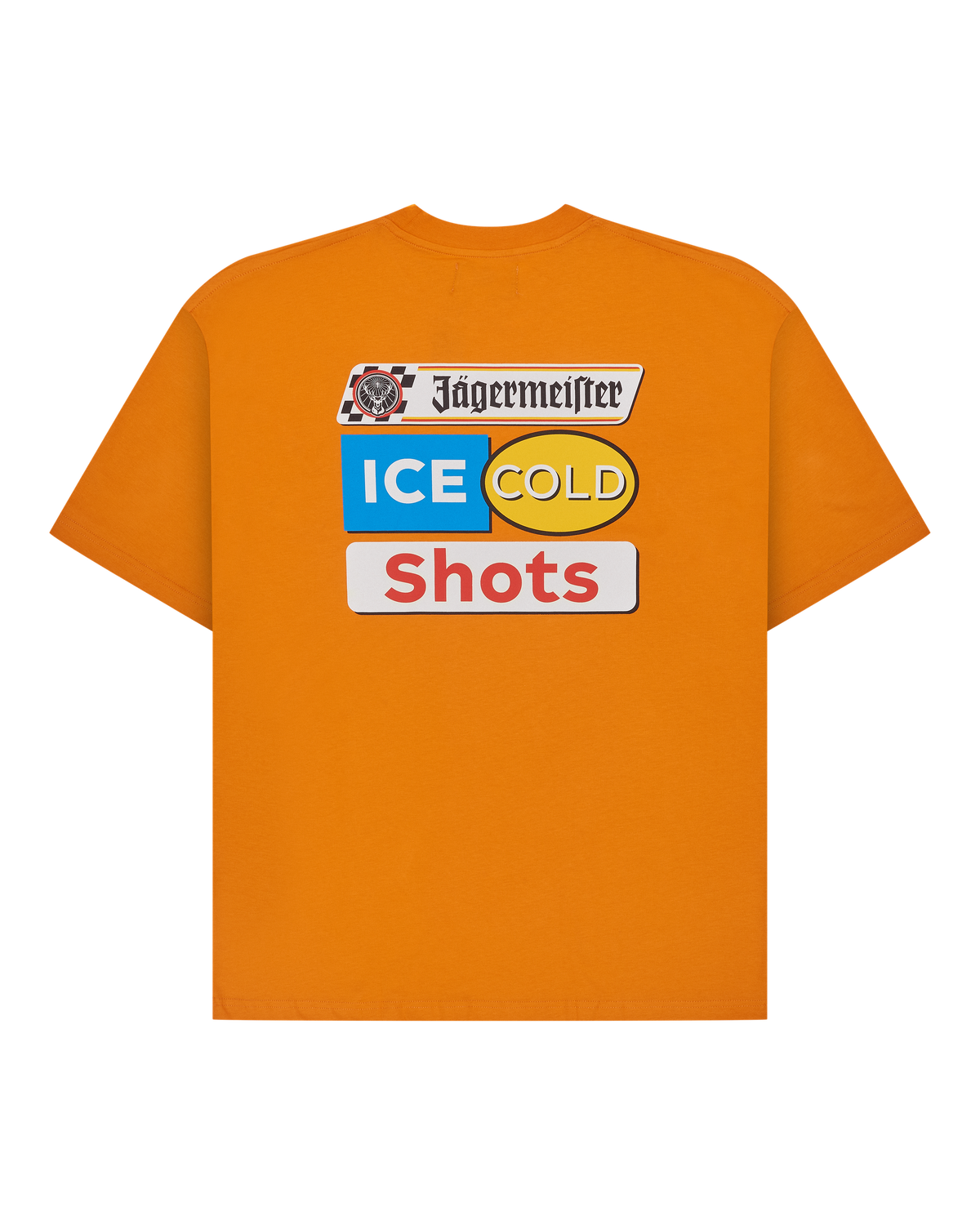 Orange t-shirt with Jägermeister 'Ice Cold Shot' branding on the back of the t-shirt.