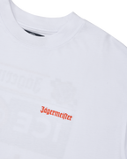 White Jägermeister t-shirt with an orange Jägermeister wordmark on the chest.
