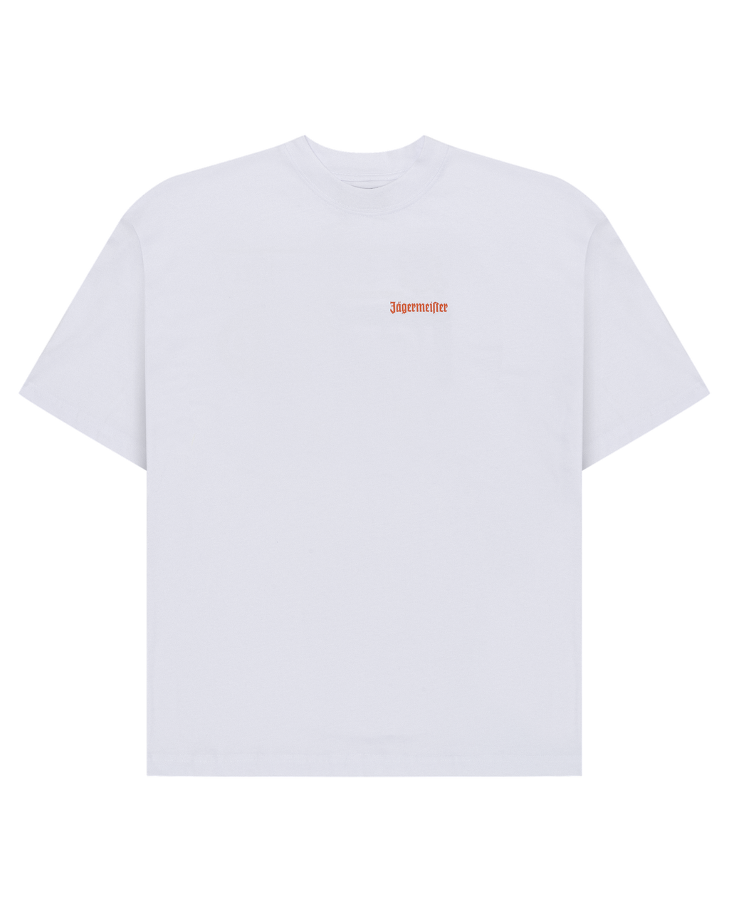 White Jägermeister t-shirt with an orange wordmark logo on the chest.