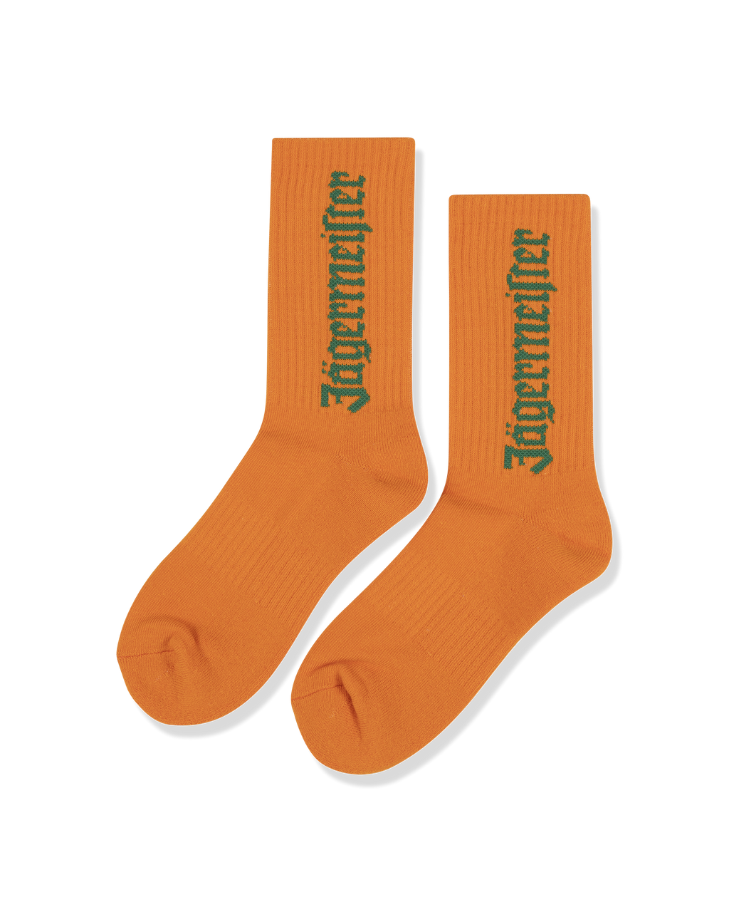 Șosete portocalii cu wordmark-ul Jägermeister verde.