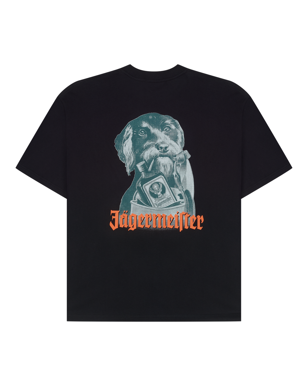 Black t-shirt with a dog graphic and the 'Jägermeister' wordmark.