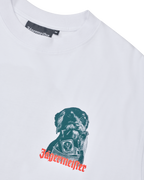 White t-shirt with a graphic of a dog and 'Jägermeister' text on a white background
