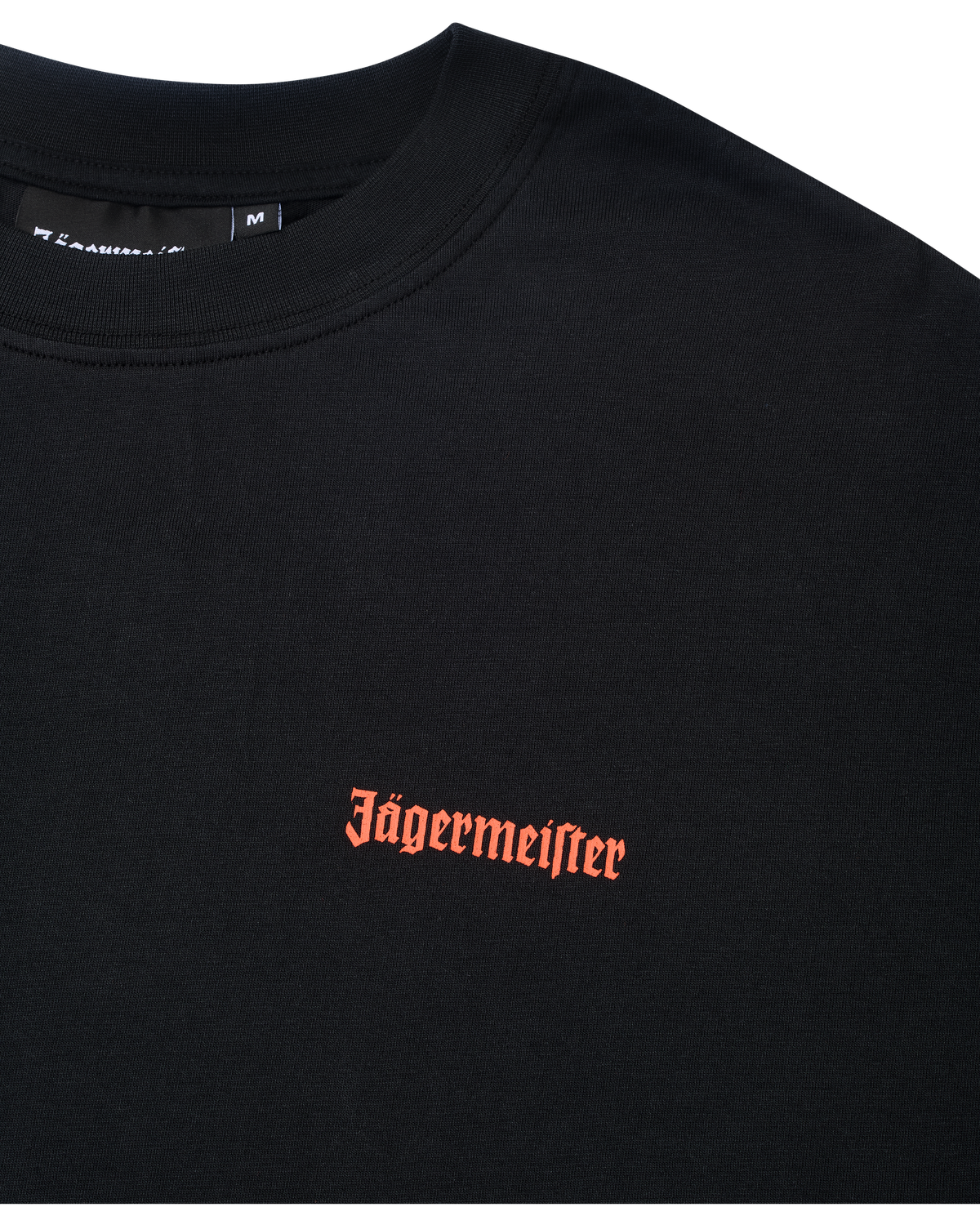 Black t-shirt with orange Jägermeister logo on the chest.