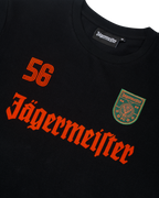 Bluză neagră cu mânecă lungă Jägermeister, cu branding și logo portocalii.