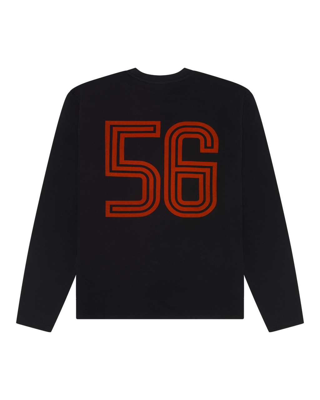 Bluză neagră cu mânecă lungă Jägermeister, cu numărul 56 portocaliu.