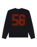 Bluză neagră cu mânecă lungă Jägermeister, cu numărul 56 portocaliu.