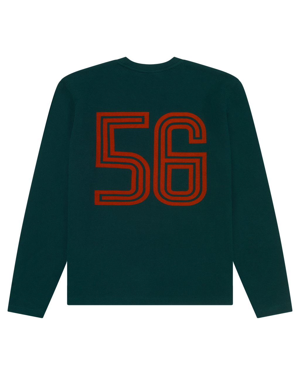 Bluză cu mânecă lungă verde Jägermeister, cu numărul 56 portocaliu pe spate.