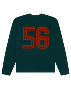 Bluză cu mânecă lungă verde Jägermeister, cu numărul 56 portocaliu pe spate.