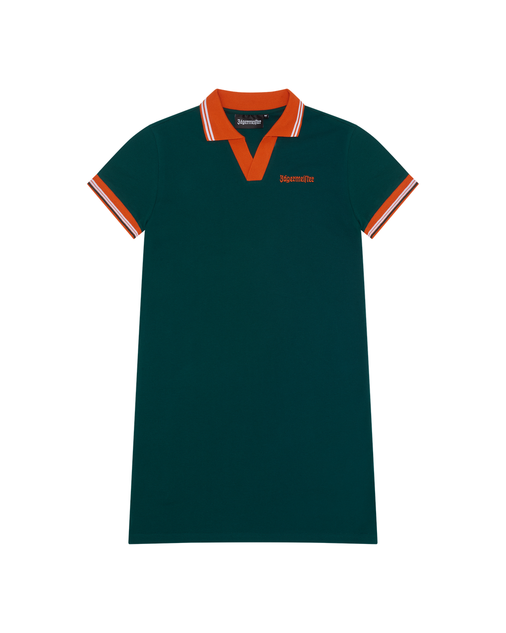 Green polo dress with orange trim and Jägermeister wordmark on the chest