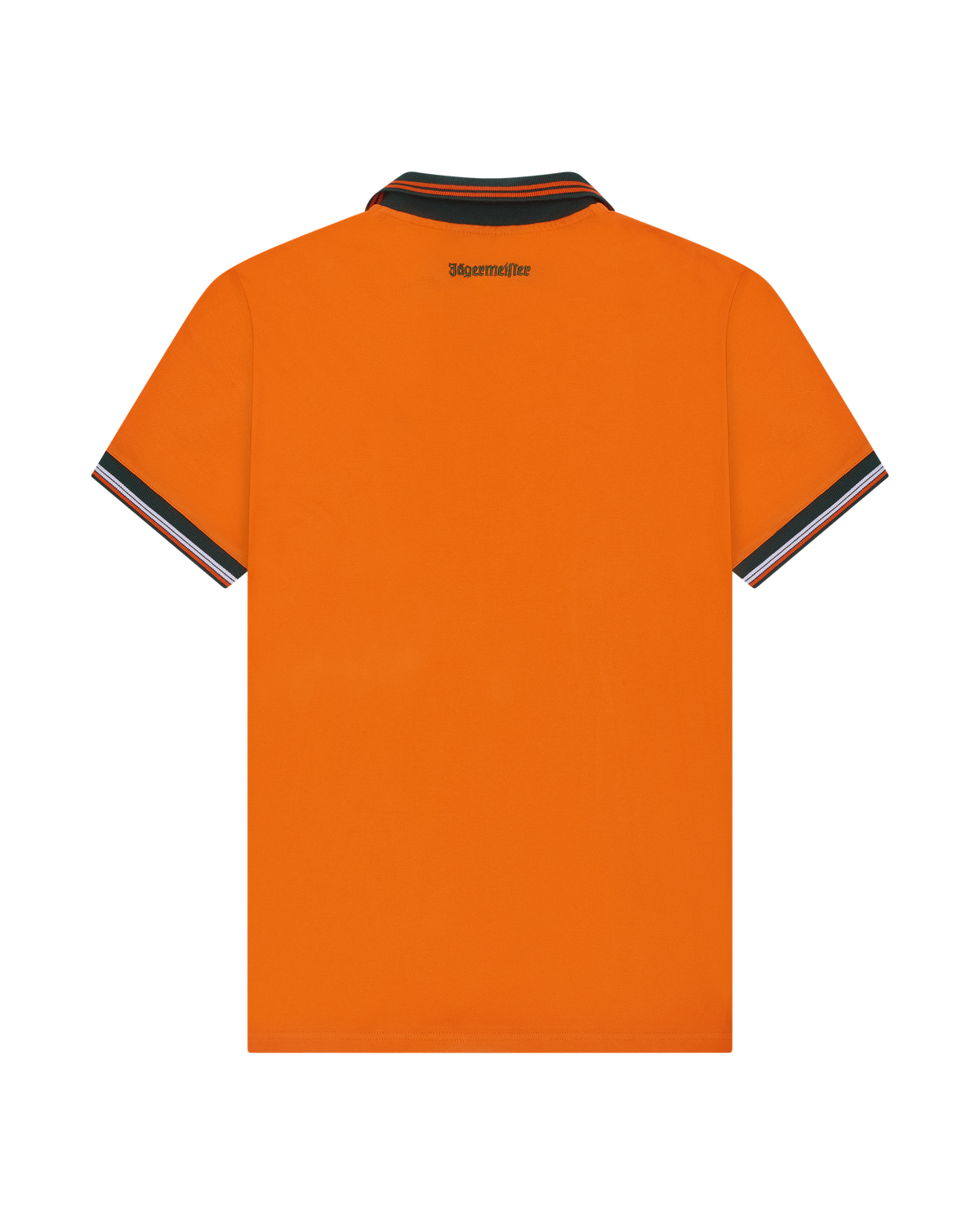 Orange Jägermeister polo shirt from the back with white and orange trim.