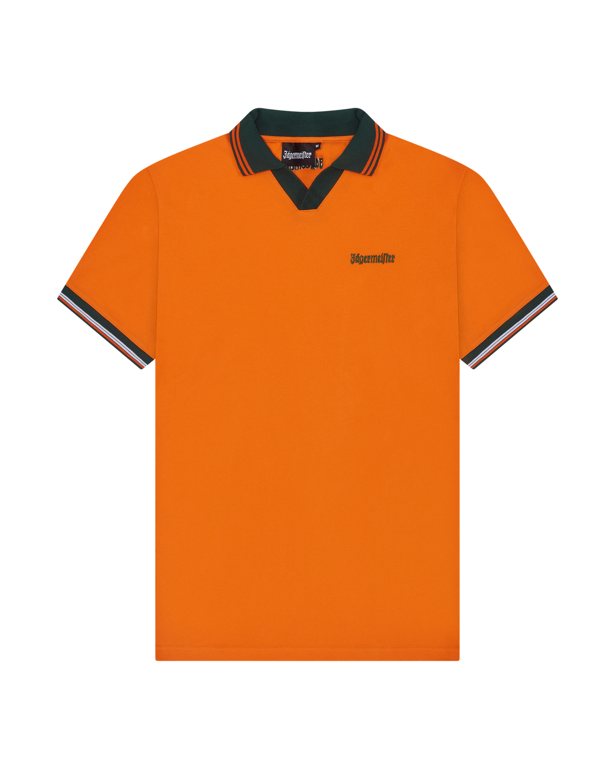 Orange Jägermeister polo shirt with green trim.