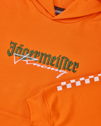 Hanorac portocaliu cu logo-ul Jägermeister Racing alb și verde.