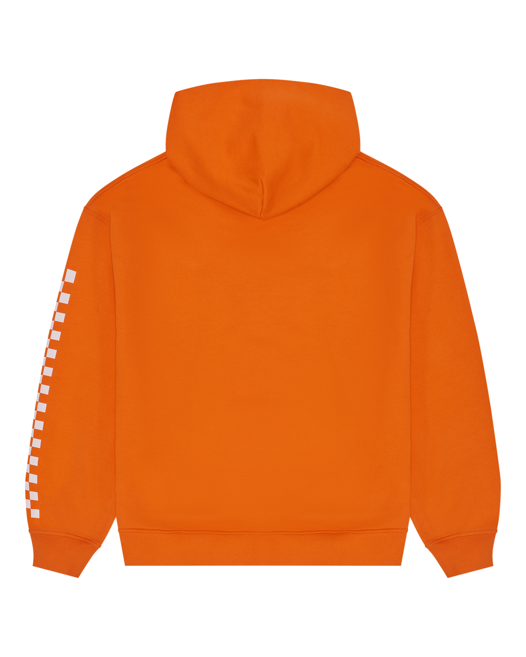 Hanorac portocaliu Jägermeister Racing cu design alb în carouri pe mâneci.