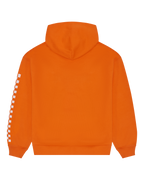 Hanorac portocaliu Jägermeister Racing cu design alb în carouri pe mâneci.
