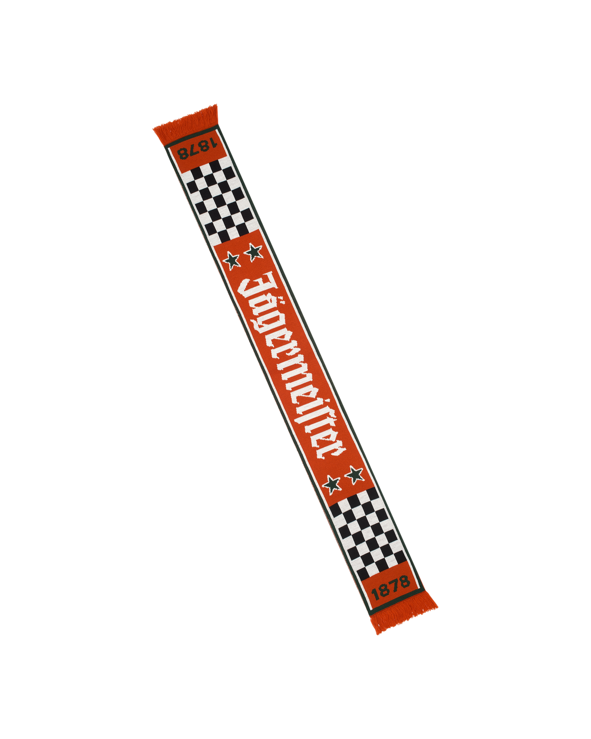 Jägermeister Racing scarf with checkered pattern and text, orange side is visible.