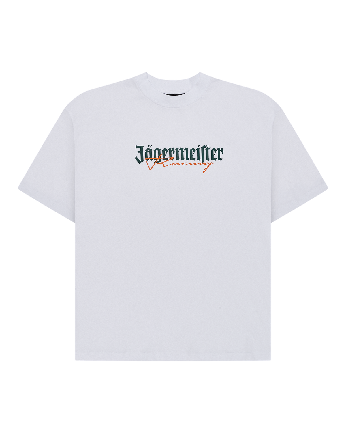 White t-shirt with green and orange Jägermeister racing logo.
