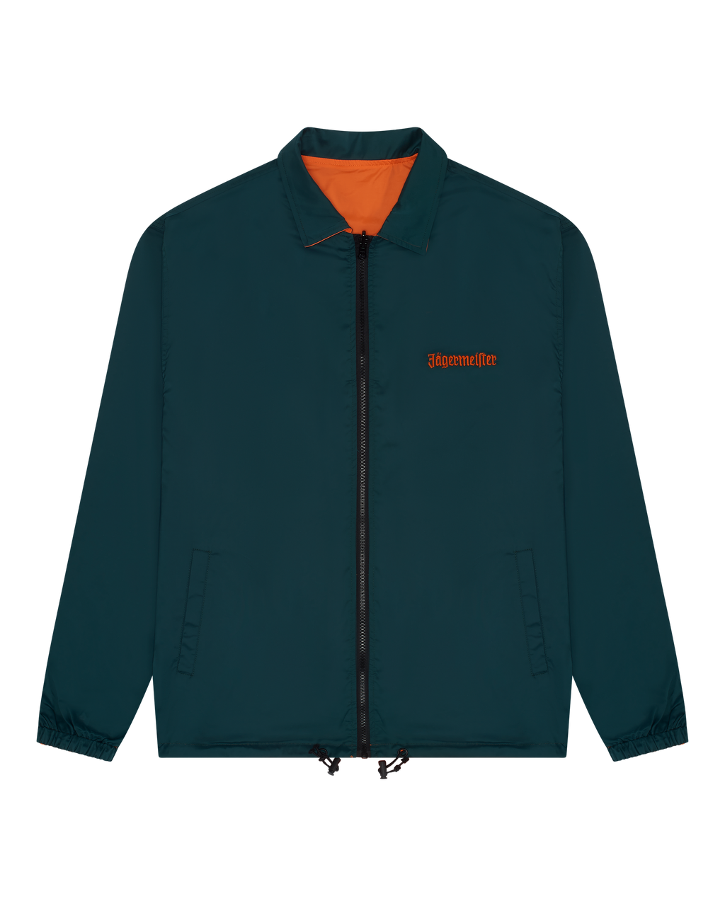 Jägermeister reversible jacket from the front. The green side is visible