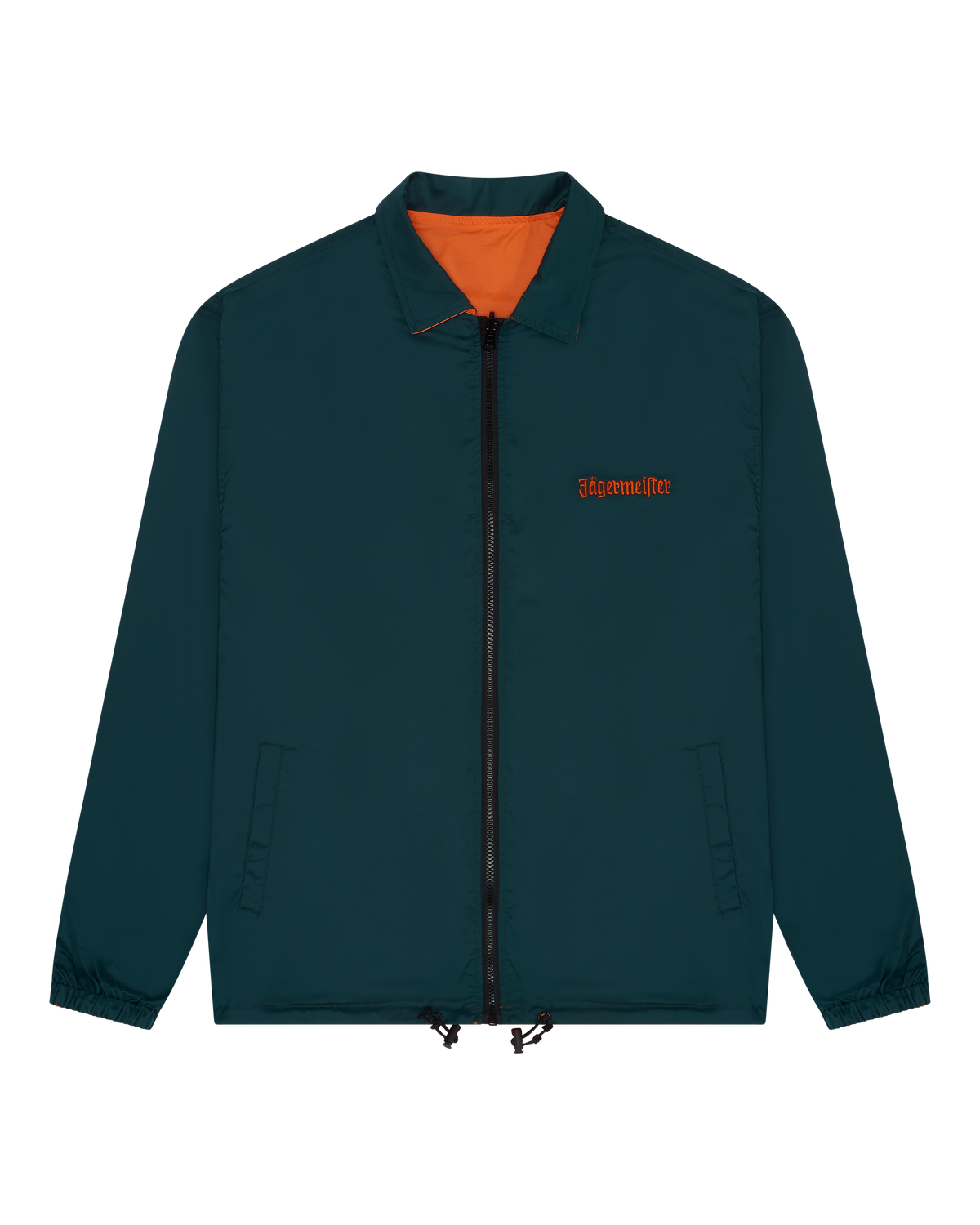 Jägermeister reversible jacket from the front. The green side is visible
