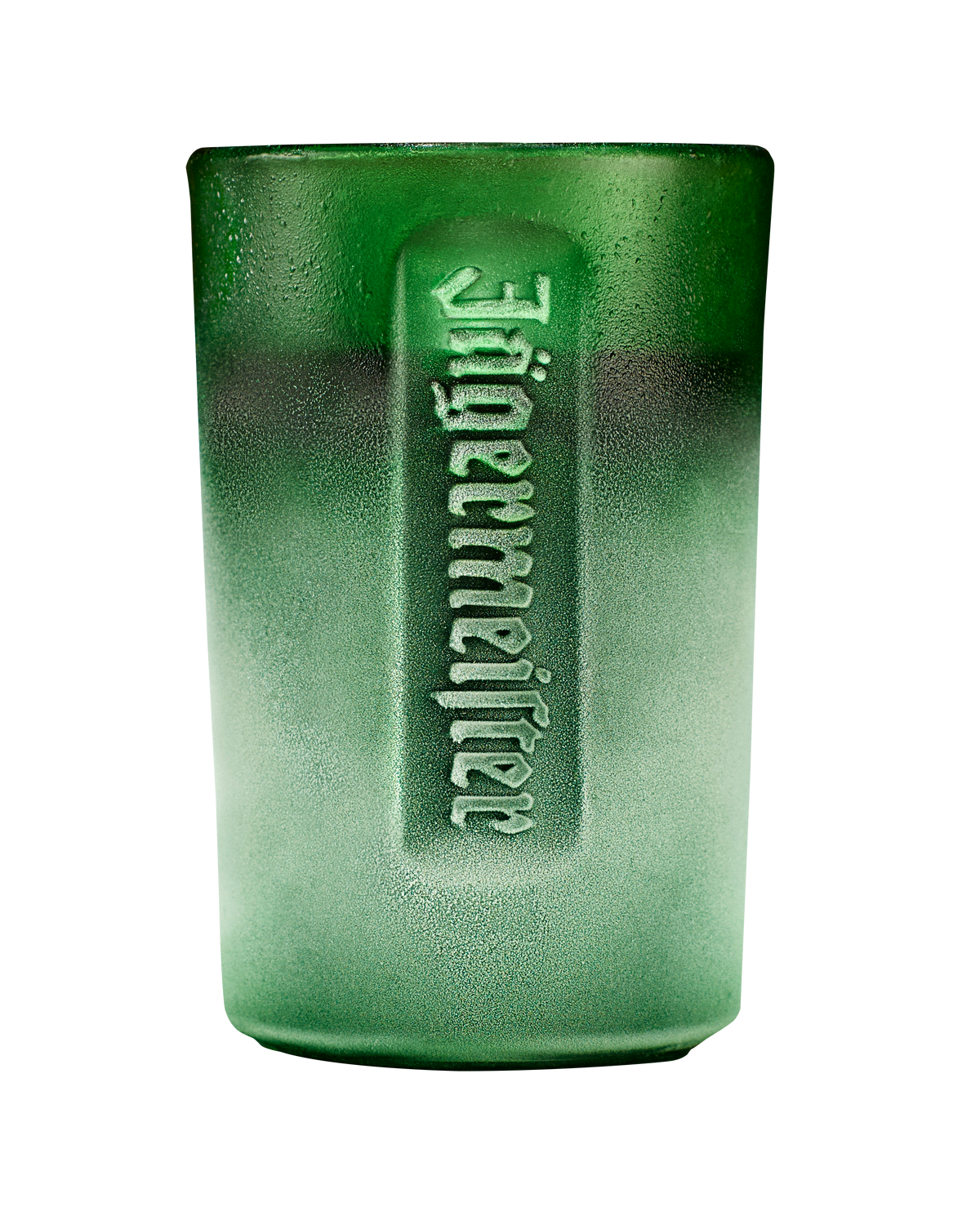 Green frosted shot glas with embossed Jägermeister wordmark