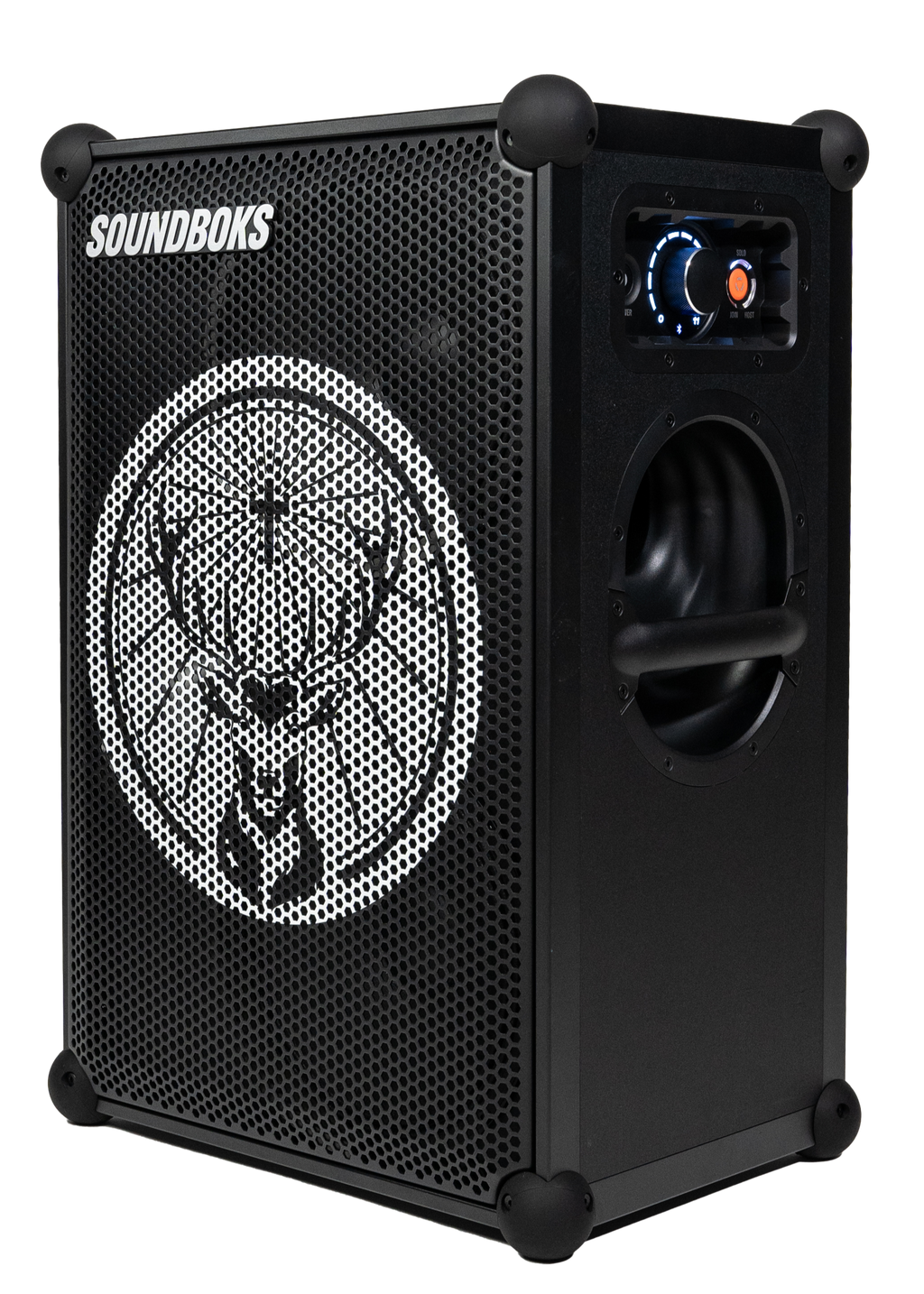 Boxă neagră Soundboks cu logo-ul brandului Jägermeister