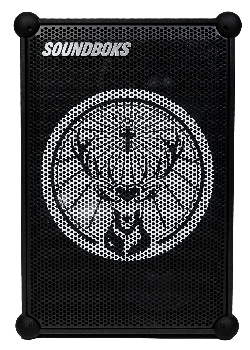 Boxă neagră Soundboks cu logo-ul brandului Jägermeister