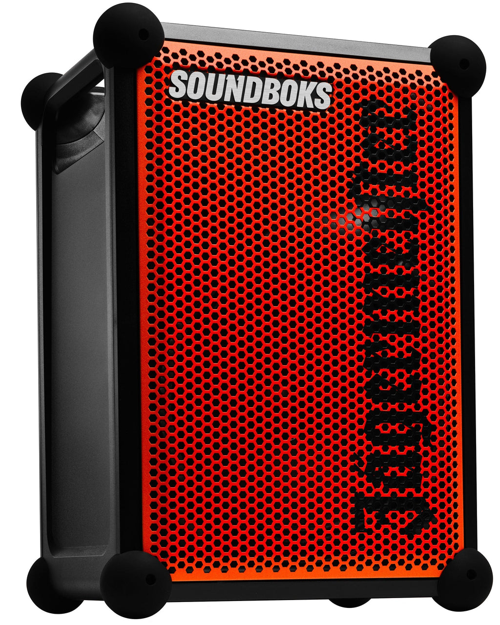 Boxă portabilă Soundboks portocalie și neagră, cu branding Jägermeister