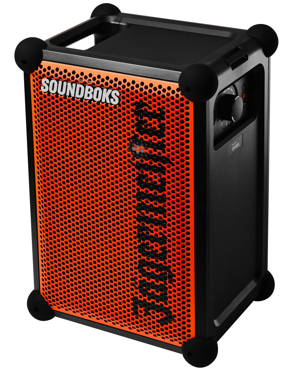 Boxă portabilă Soundboks portocalie și neagră, cu branding Jägermeister