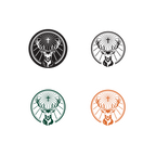 Patru logo-uri Jägermeister în alb, negru, verde și portocaliu, cu capete de cerb în rame circulare pe un fundal alb.