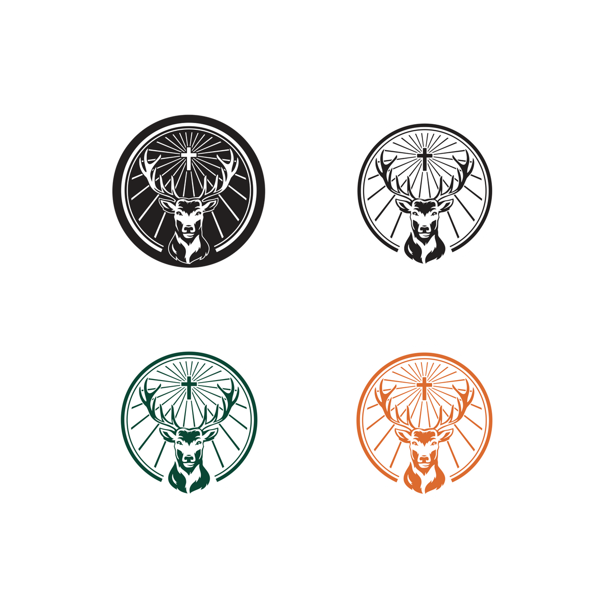 Patru logo-uri Jägermeister în alb, negru, verde și portocaliu, cu capete de cerb în rame circulare pe un fundal alb.