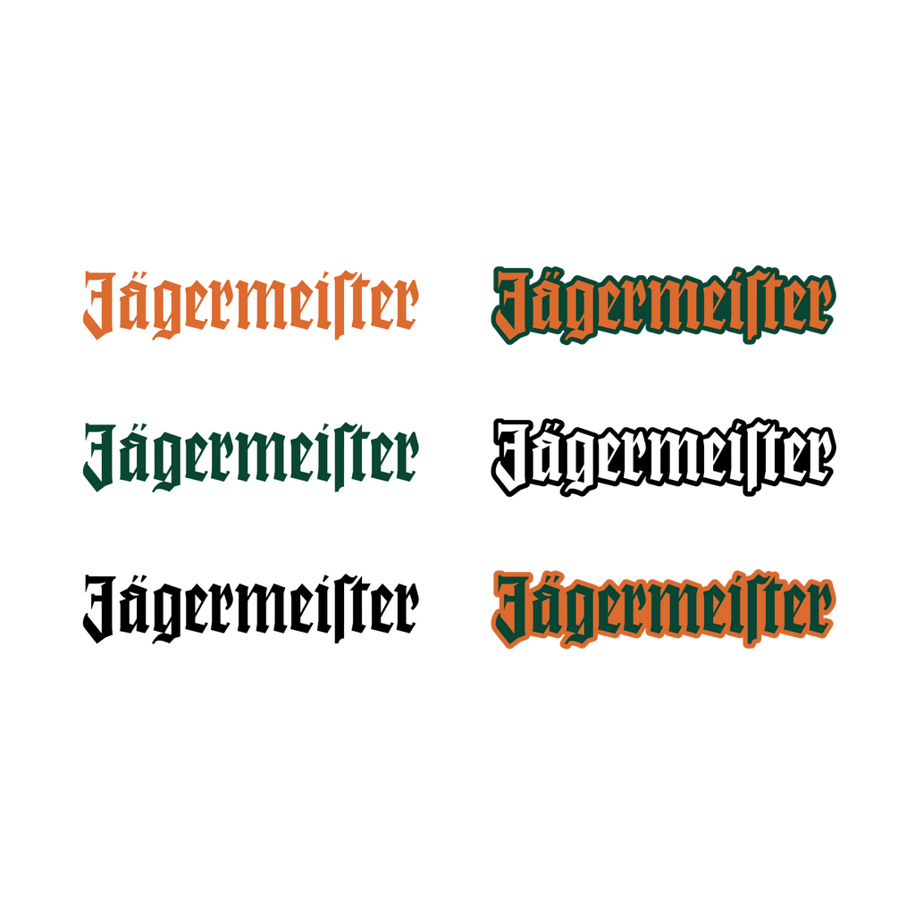 Logo-ul cu litere Jägermeister în diverse culori, pe fundal alb
