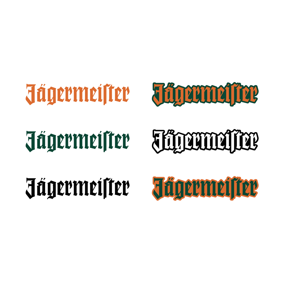 Logo-ul cu litere Jägermeister în diverse culori, pe fundal alb
