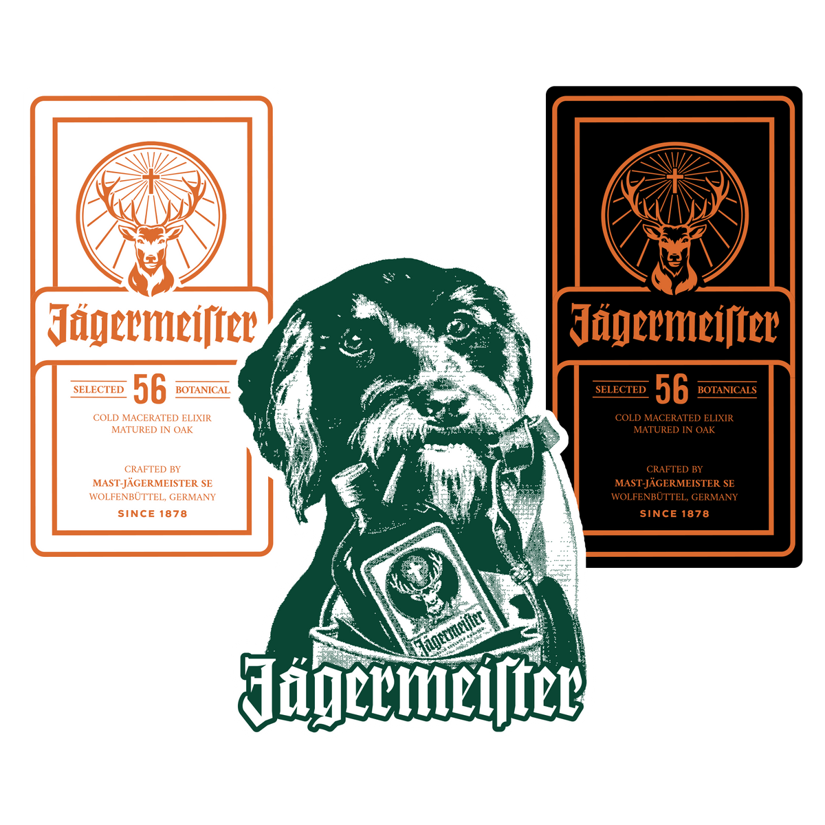 Etichetă Jägermeister în alb și negru, cu logo portocaliu, și logo cu un câine care ține o etichetă de sticlă Jägermeister, pe fundal alb